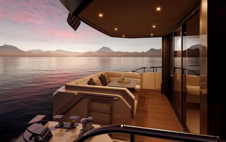 Rendering of 540 Adventure aft seating area at dusk