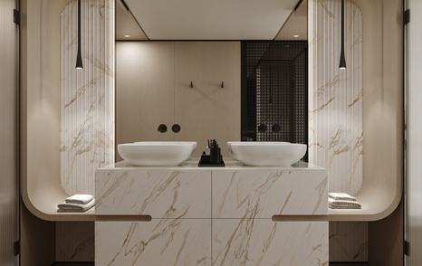 Rendering of Extra Yachts X100 Triplex motor yacht master cabin ensuite with his and her sinks