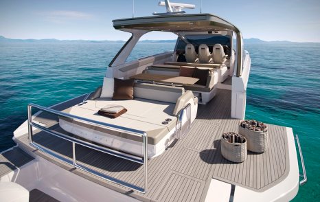 Rendering of Princess C48 Open Outboard stern with large sunpad