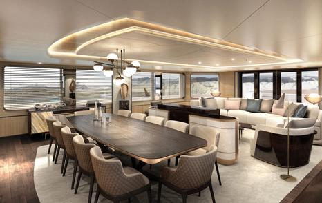 Rendering showing interior dining area and sofa seating on SeaXplorer 60