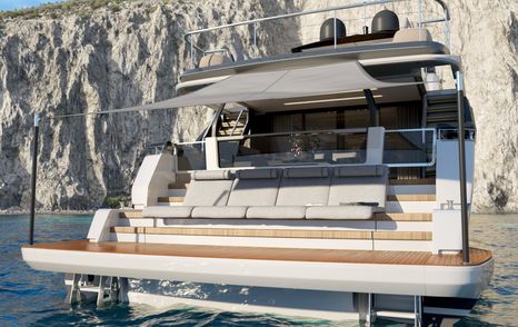 The Project 1000's main deck aft has a large sofa for gorgeous oceanic views.