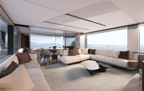 Rendering of Princess X90 motor yacht main saloon with L-shaped seating and circular dining area 