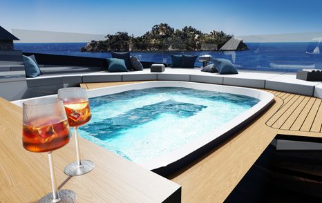 CGI of champagne glasses on side with pool in background