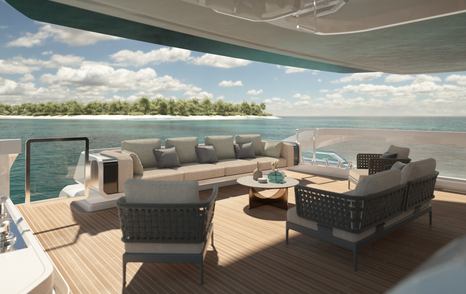 Rendering of the Custom Line Saetta 128' superyacht aft deck with shaded seating