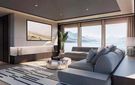 Rendering of Sunseeker 134 Superyacht skylounge with grey L-shaped sofa