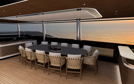 Rendering of GX42 superyacht flybirdge al fresco dinning
