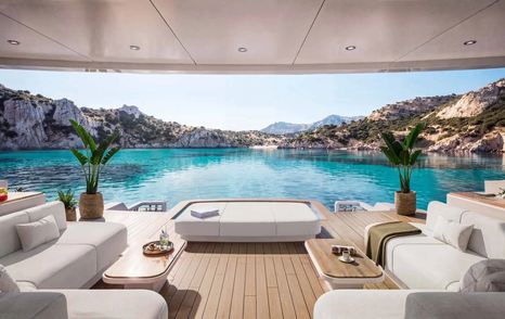 Rendering of Benetti Oasis 36M Superyacht aft deck with dual L-shaped seating 
