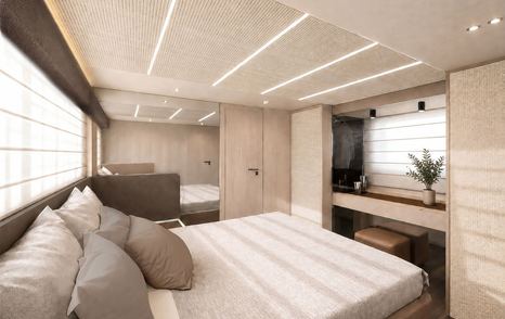 Invictus ST550 Deep Horizon yacht master cabin with large windows 