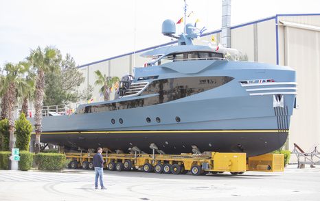 Support Yacht PHI Phantom on rollers getting ready for launch