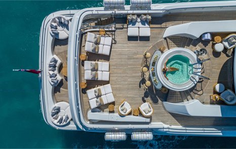 An aerial shot of MARGUERITE's expansive aft and sun decks