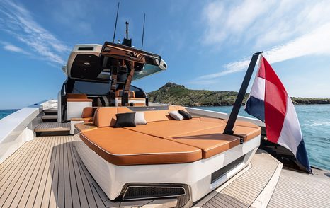 The stern of the Wilder 60 boasts a spacious sun pad and teak decking