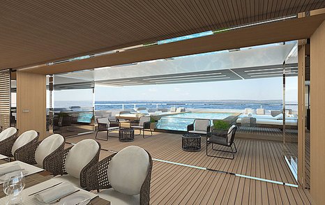 dining table in foreground with infinity pool surrounded by sun pads in background on board Sanlorenzo 64 Steel yacht