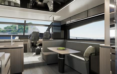 Rendering of Pearl 63 motor yacht helm station and interior seating