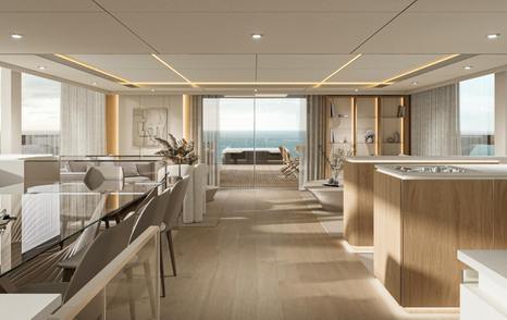 Rendering of Sunreef 88 Ultima catamaran main saloon with dining and seating area
