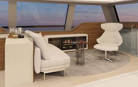 Rendering of Fountaine Pajot Power 80 catamaran main saloon seating area