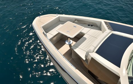 Rendering of 460 GTC boat bow with U-shaped seating 