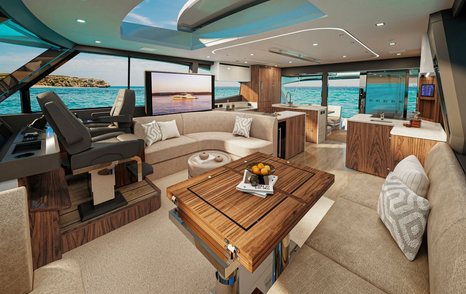 Rendering of Riviera 735 SUV motor yacht helm station with surrounding white seating