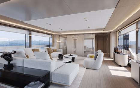 Rendering of Extra Yachts X100 Triplex motor yacht main saloon with white furnishings and partitioner 