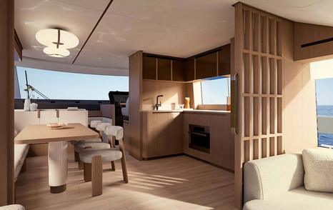 Rendering of Azimut Fly 70 Motor Yacht salon dining area with galley open