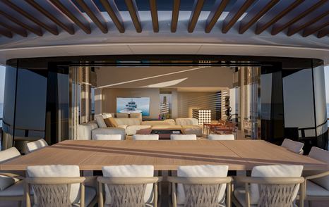 Rendering of Benetti B.Loft 58M motor yacht indoor outdoor aft with alfreso dining 