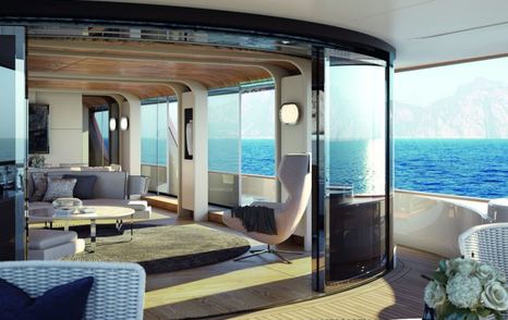 Rendering of large glass doors to interiors of Benetti Motopanfilo