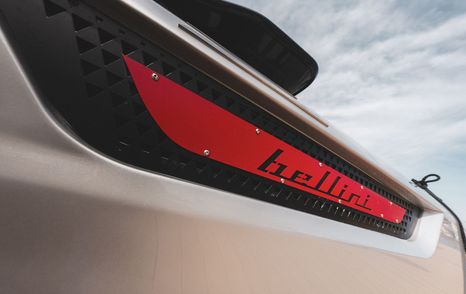 Close up of Bellini signature superstructure of Bellini Astor 38 PISTA "One-Off" motor yacht 