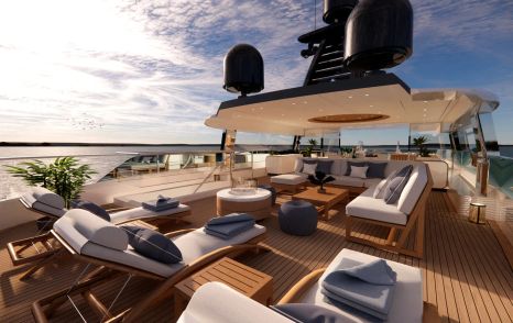 Rendering of Mengi Yay NL 50 Plus superyacht sundeck with shaded alfresco dining and sunloungers 