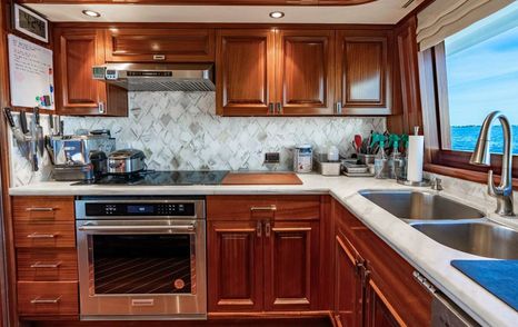 Westport motor yacht Simplicity galley with large window 