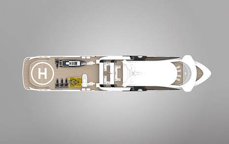 rendering of bird's eye view of Project Orca with helipad aft and tenders on board 