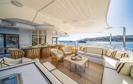 Superyacht Oceana I aft deck with shaded seating and alfresco dining