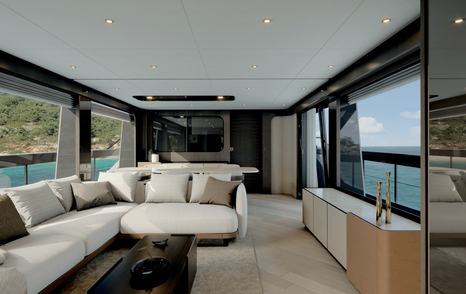 Rendering of Ferretti Yachts 800's main saloon with L-shaped sofa