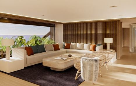 Main saloon on motor yacht Benetti Oasis 42M with L shaped sofa, wooden detailing and panoramic windows 