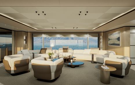 Motor yacht Extra X145 Global lounge with large windows, cream sofas, and sea views.