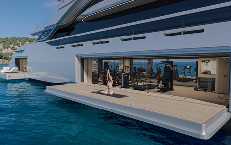 Rendering of ISA Poseidon 86M superyacht fold out terrace with indoor gym and woman doing yoga