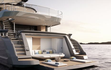 Sea view terrace on board Azimut Grande 36 Metri, seating tucked away with steps leading to main deck.