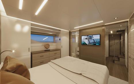 Rendering of Westport 117's guest cabin with mounted TV