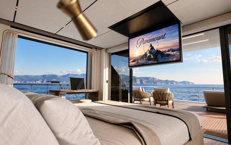 Rendering of Ferretti INFYNITO 100 Superyacht master cabin with fold down TV