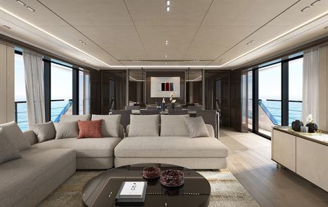 Rendering of Custom Line Saetta 128' superyacht main salon with L-shaped sofa
