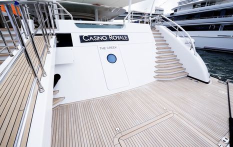 Aft swim platform and stair access on the Amels 242 Casino Royale leading up to the main deck.