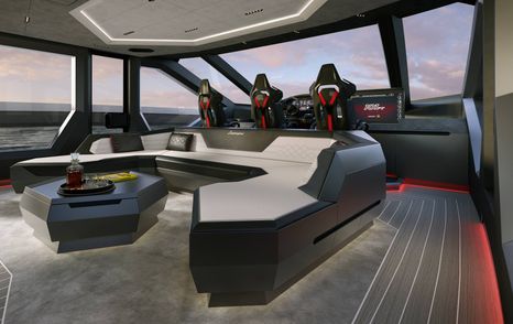 Rendering of Tecnomar Lamborghini 101 motor yacht interior with U-shaped angular seating and racing-style helm chairs
