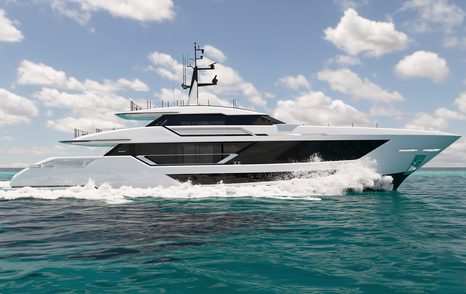 rendering of custom line Saetta 128' superyacht under way