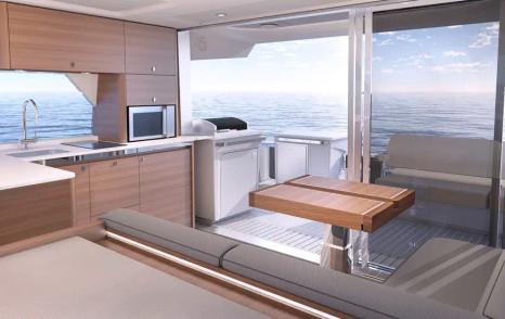 Rendering of Aquila 42 Coupé Powercat Catamaran with kitchenette and glass sliding doors 