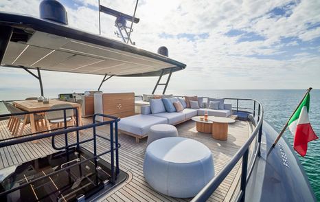 Prestige M8 Evo motor yacht flybridge lounge area 