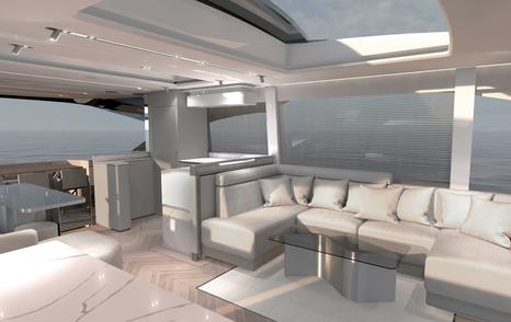 long white sofa and square skylight in the main salon of Targa 58 GTB yacht which has light floors and wall panels