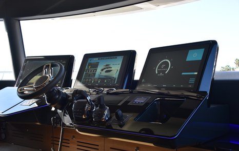 the control panel in a flybridge yacht