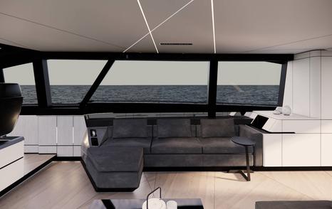 Rendering of Pershing GTC70 motor yacht saloon L-shaped grewy sofa