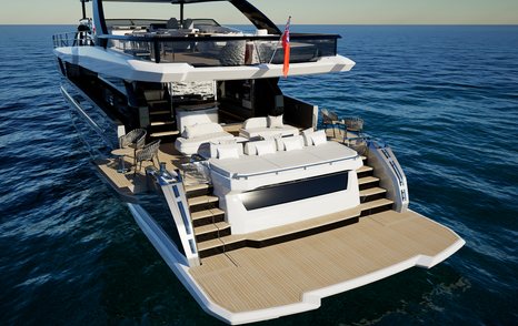 Pearl 100 Hybrid motor yacht stern with shaded aft seating and lowered platform