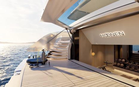 Rendering of Moonen 133 Mallorca motor yacht beach club with hydraulic stern