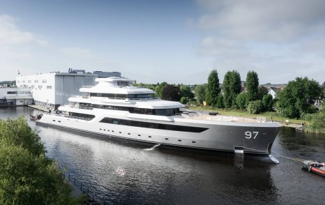 Superyacht Valor being towed outside Feadship shipyard