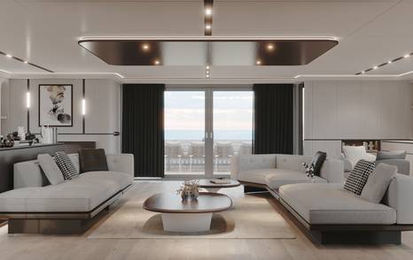 Rendering of VisionF 101 catamaran saloon with L-shaped sofa